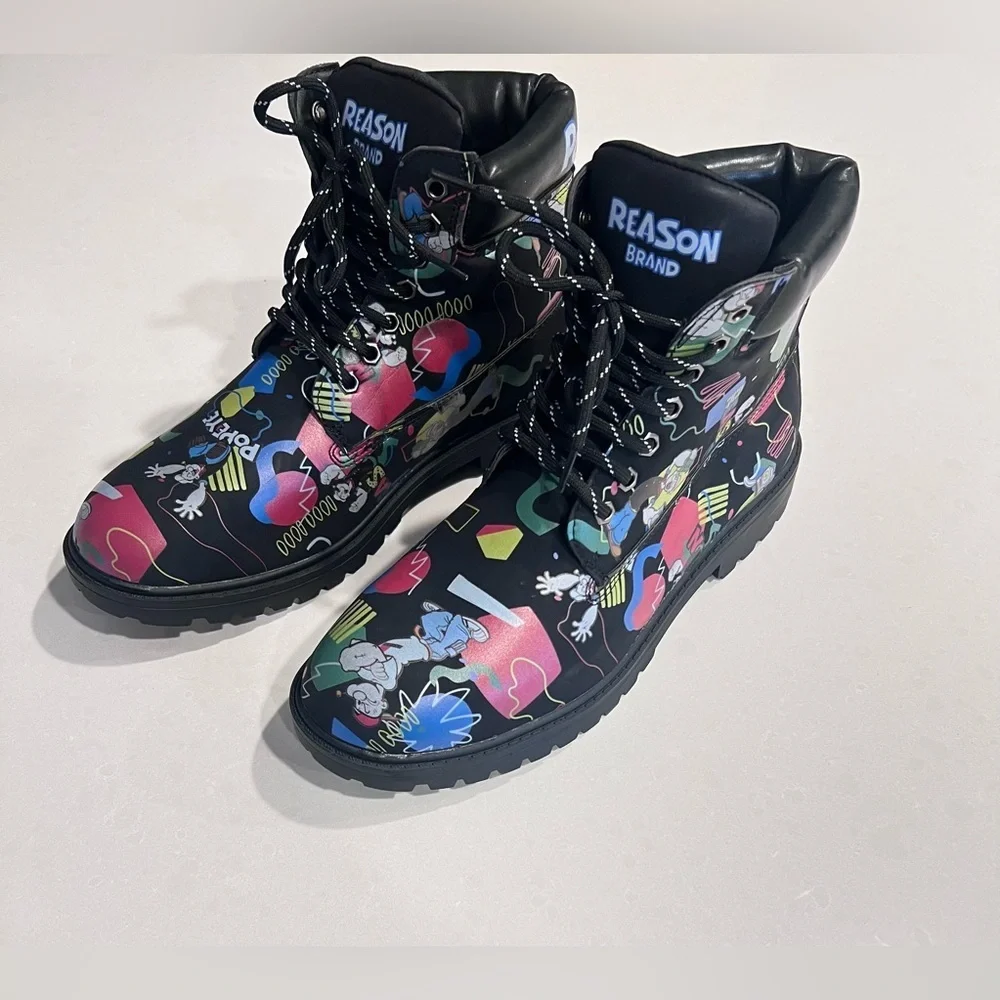 Popeye X Reason Collab Faux Suede Graffiti Print Boots‎ Black Mens 10 New